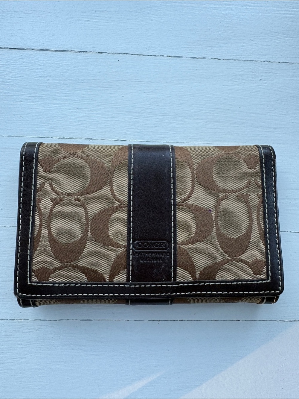 Coach Brown Signature Canvas Trifold Wallet with Dark Brown Trim
